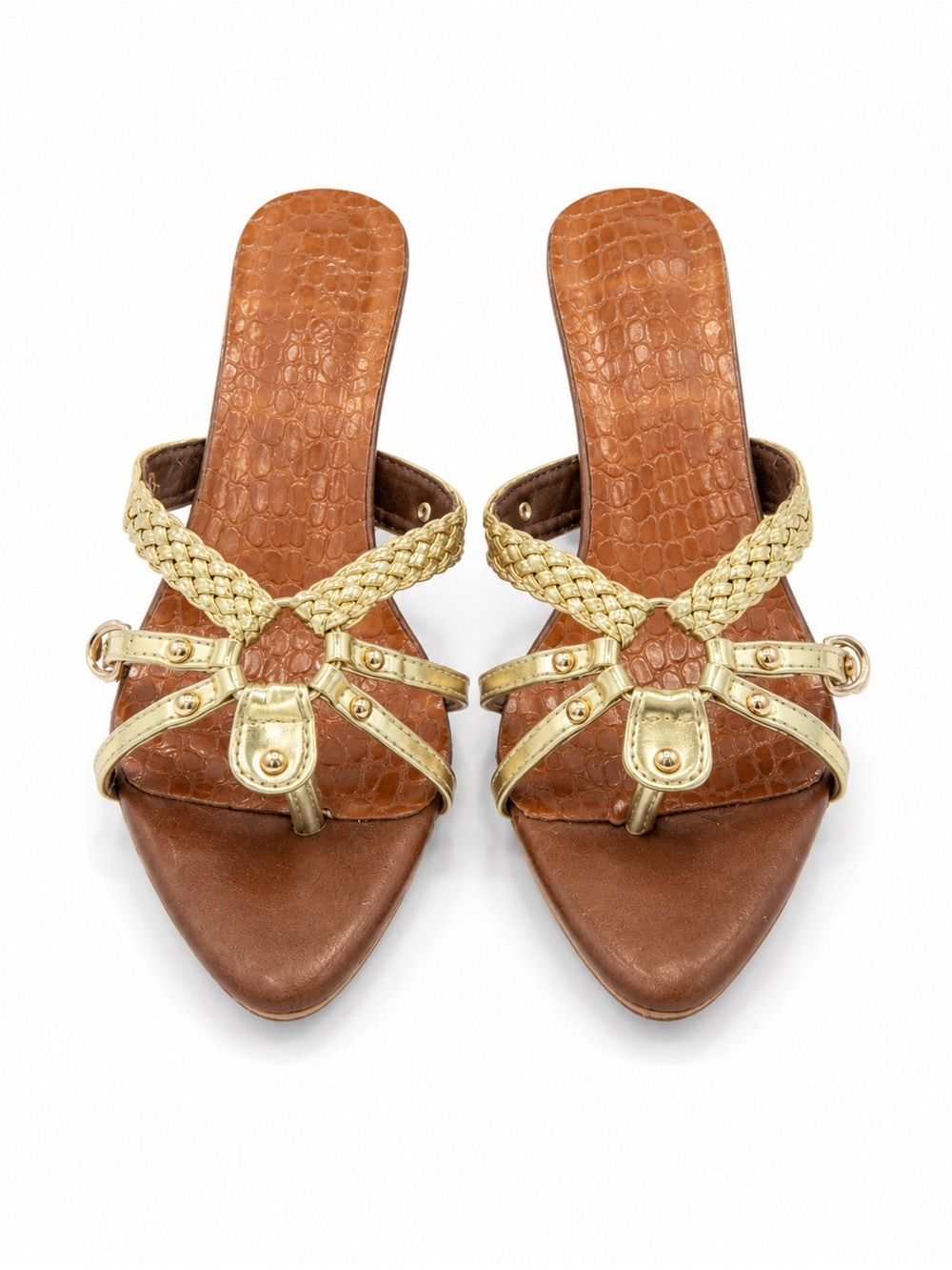 Gold Braided Strap Brown Slide Sandals